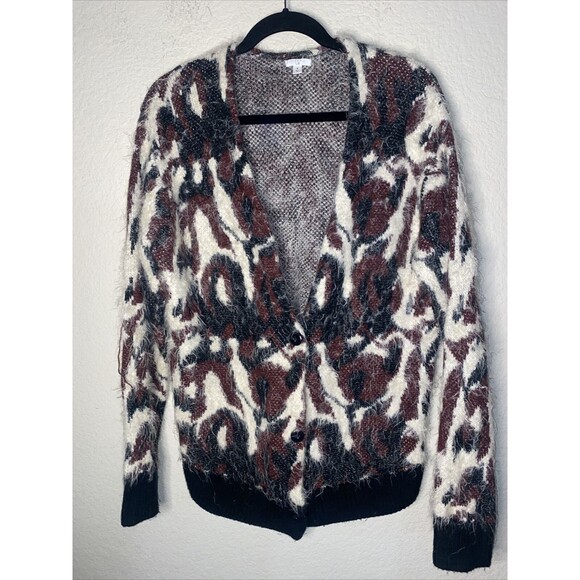 camo Leopard Animal Soft Sweater M Long Cardigan Oversize Buttons grandpa BP - Picture 1 of 10